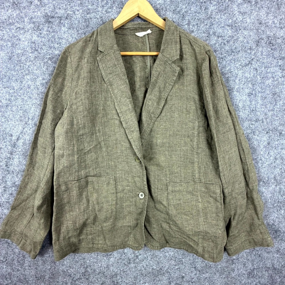 Eileen Fisher Organic Linen Blazer Jacket Womens Olive Notch Lapel Button Front